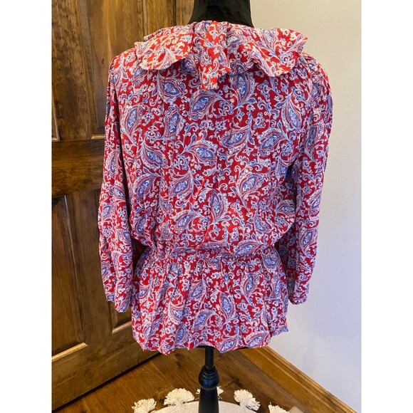 Chaps Blouse Womens Top Size Small Petite Red Paisley Peasant Elastic Waist - Picture 8 of 12